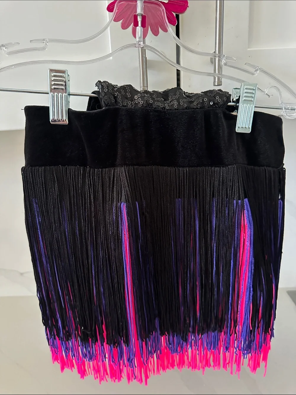 Black Sequin Dance Costume with Pink & Purple Fringe - Kids